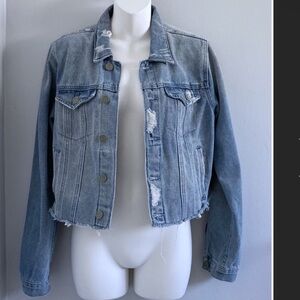 M Adam Levine cropped denim jean jacket‎ distressed destroyed ripped light wash